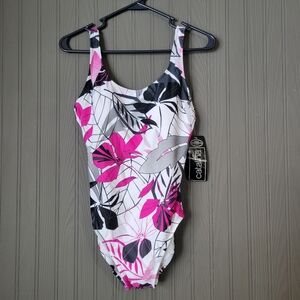 NWT Catalina Swimsuit One-Piece Floral All Over Print Black/White/Pink Women's S